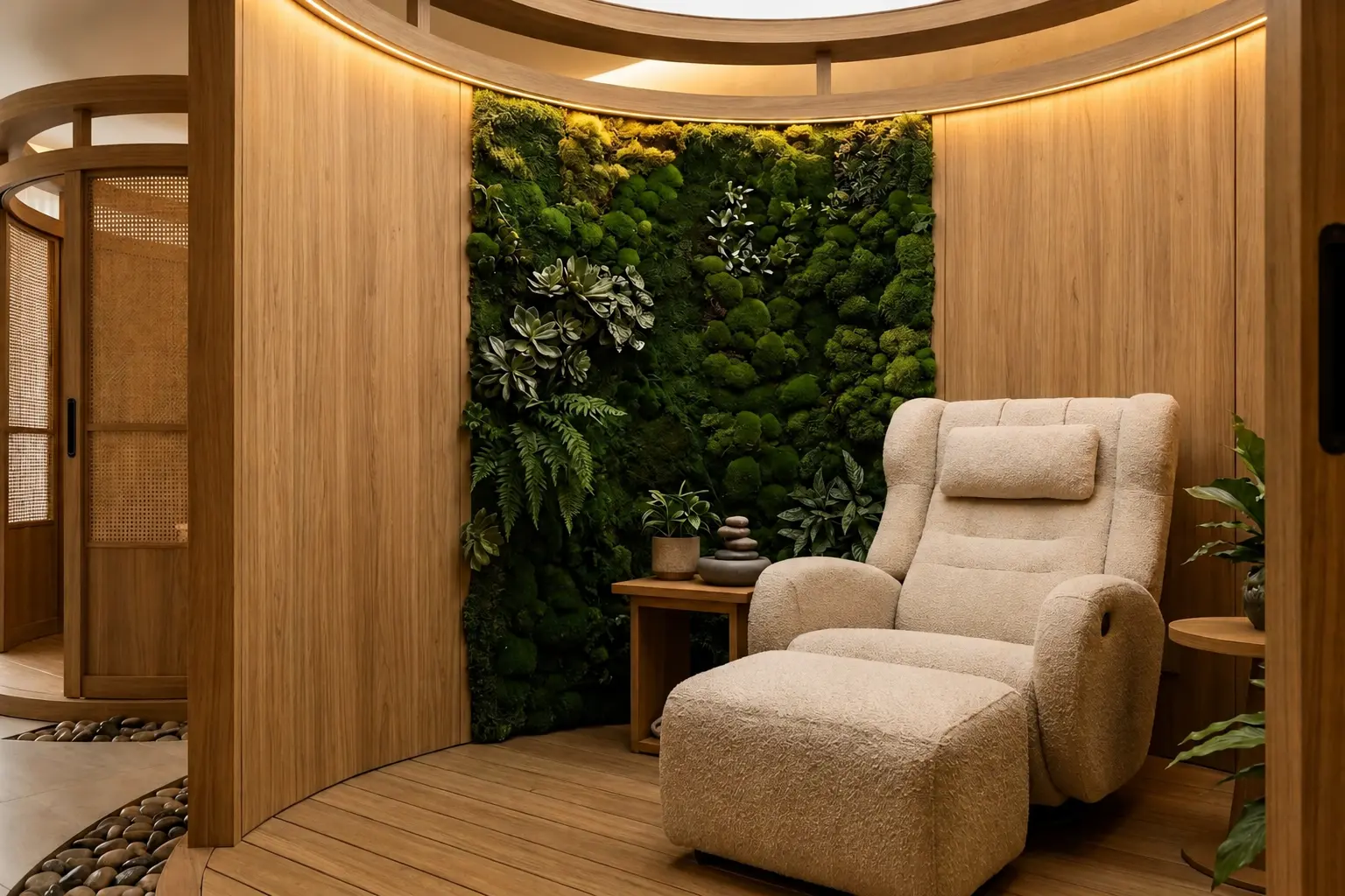 Interior do ambiente de regulação Altora, com materiais naturais