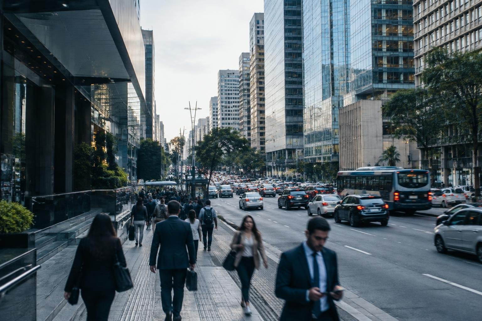 Pessoas e trânsito no centro corporativo de São Paulo