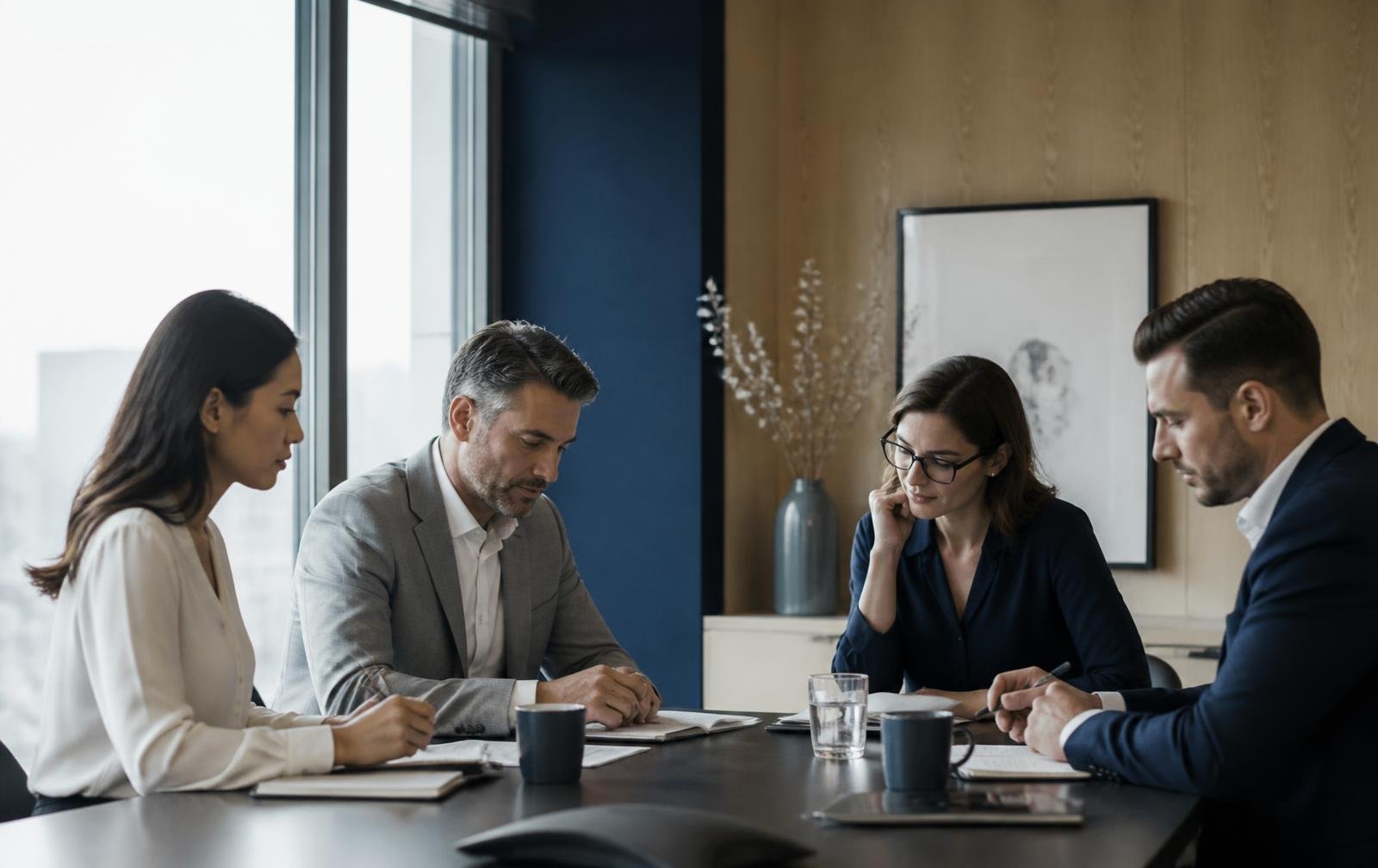 Equipe de liderança em reunião em escritório corporativo contemporâneo